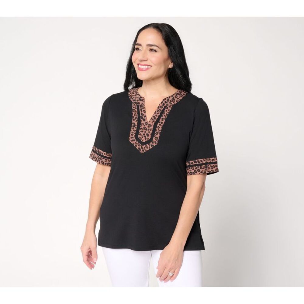 Belle by Kim Gravel Women's Top Sz XL TripleLuxe Lady Leopard Split Black